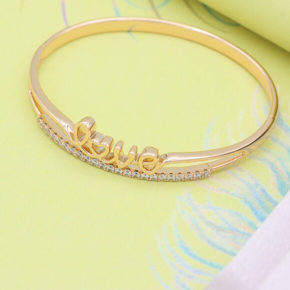 Rose Gold Love Text CZ Bangle – 2.36 Inch Elegant Romantic Style, XPBL0534 - Picture 4 of 12